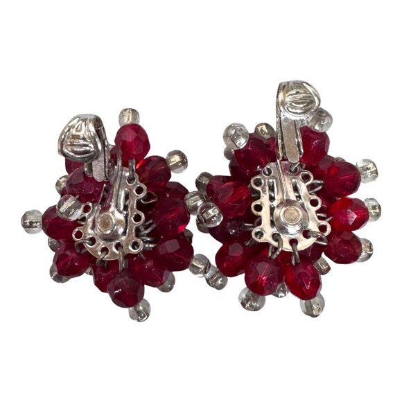 Vintage Marvella Red Bead Clip-On Earrings Faceted Beads Clear Cluster Huggie - Picture 5 of 6
